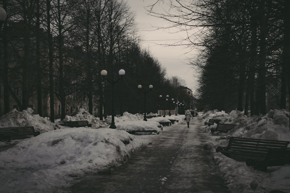 a person walking down a snow covered path