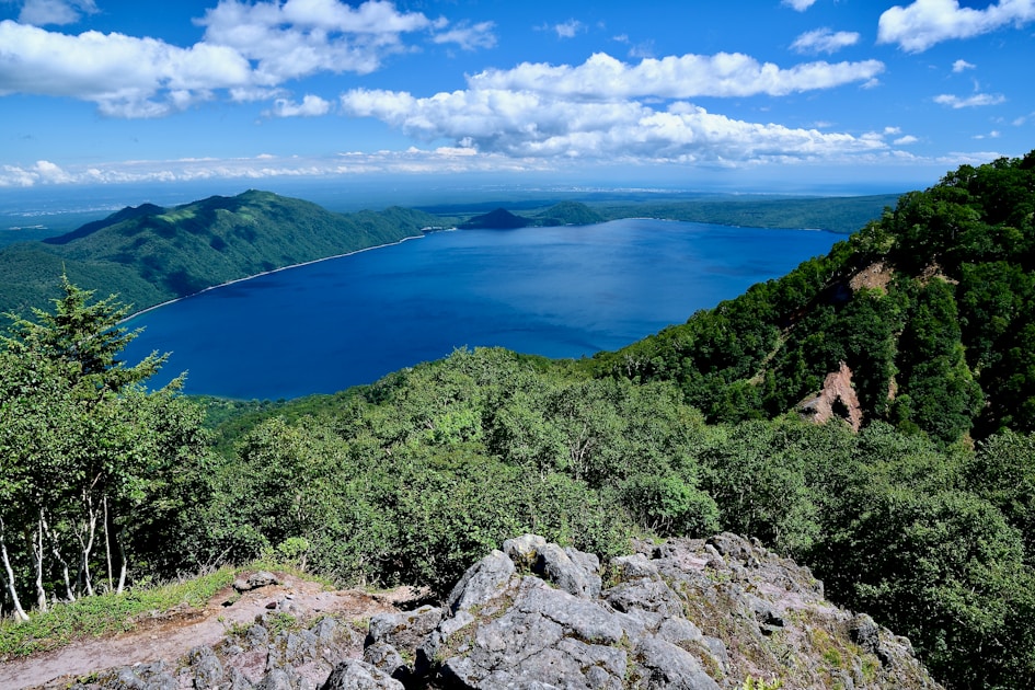 Scenic lake viewed from a rocky, tree-covered mountain peak