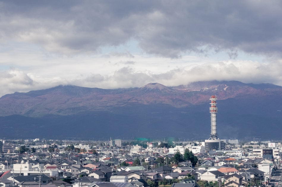 a view of a city with mountains in the background