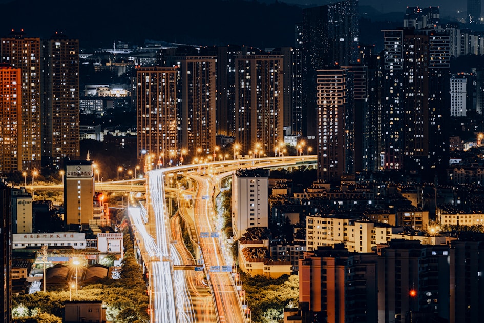 A view of a city at night time
