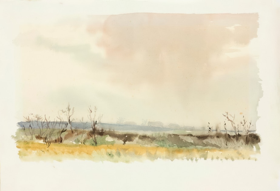 A muted watercolor landscape with dry grass and distant trees.